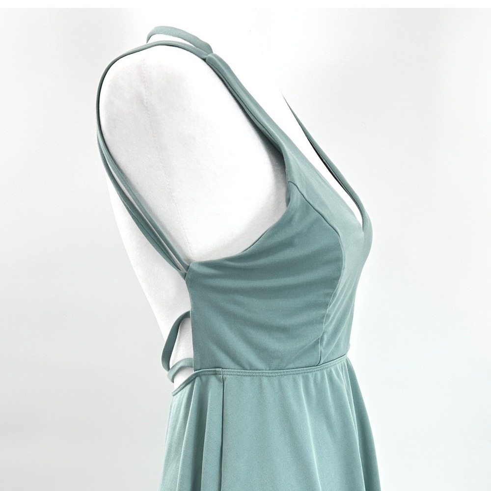 Sage Green Strappy Back Skater Dress Soft Stretch Minimal A-Line M - Picture 4 of 9